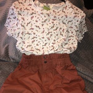 Flower shirt and orange high waisted shorts